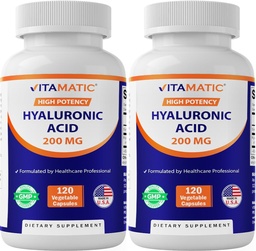 Vitamatic 2 Pack Supplements de ácido hialurônico 200mg - Suporta tecido conectivo saudável e articulações - Promover a pele saudável jovem - Total 240 Cápsulas
