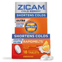 Zicam Ultra Cold Remedy Zinc Rapidmelts, Aroma de creme de laranja, Homeopático, Medicina de encurtamento frio, Encurta a duração do frio, Livre de açúcar, Sem tingimento, 18 Contagem