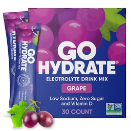 GoHydrate Instant Hydration Powder Packets - Low Sodium Electrolytes Drink Mix - Natural Hydration Support, Sugar Free Electrolyte Flavored Powder Drink with Vitamina D, 30 Packs, Grape