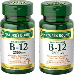 Vitamina B12 2500 mcg da recompensa natural, suporte energético celular, para o metabolismo energético, saúde do coração e do sistema nervoso, 75 comprimidos de dissolução rápida (Pack of 2)