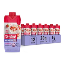 SlimFast Protein Shake, Strawberry- 20g Protein, Replacement Shake Pronto para Beber, Alta Proteína com Baixo Carbo e Baixo Açúcar, 24 Vitaminas e Minerais, 12 Count (Pack of 1) (Packaging May Vary)