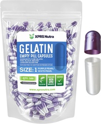 XPRS Nutra Tamanho 1 Cápsulas vazias - 500 Count Cápsulas de Gelatina Vazias - Pill DIY Cápsula de preenchimento - Pure Bovine Pill Gel Caps para Suplementos Do-It-Yourself (Pearl Purple/White)