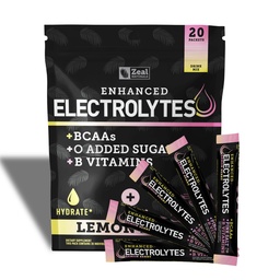 Pacotes de varinha de pó de electrólito melhorado (Lemon Berry 20 Packets) w/ 0 Açúcar + BCAAs + B- Vitaminas Suplemento de electrólito w Zinco de potássio e magnésio para Hidratação - Eletrólitos de Keto