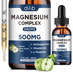 Triplo Magnésio Complexo Suplemento-Glicinato de Magnésio, Citrato, Malato Liquid Drops 500mg com Ashwagandha, L-Theanina, B6 para acalmar, alívio de estresse, sono, apoio muscular Verde Apple Flavor