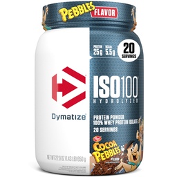 Dymatize x Cacau Pebbles ISO100 Whey Protein Powder Isolate, 25g de proteína, 20 Servings, 5,5g BCAAs, 120 Cal., Gluten Free, 1g Fat, 1g Sugar, 2g Carb