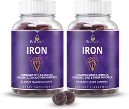 BeLive Pastilhas de ferro - Suplemento de ferro multivitamínico com vitamina C, A, B & Zinco, Suporta oxigênio de sangue, Vegan Suplementos para mulheres, homens e crianças para o crescimento e desenvolvimento - Sabor de uva