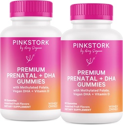 Cegonha rosa Premium Vitaminas Gummy pré-natal com DHA, folato e vitamina D - 60 chicletes Vegan - 2 Pack