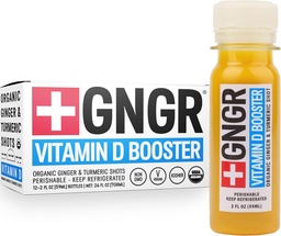 +GNGR Vitamina D Booster – edição de reforço de imunidade tropical Ginger com pressão fria com abacaxi, fruto da paixão, laranja, açafrão e vitamina D3. Mood, imunidade e energia. 2 fl oz (Pacote de 12)