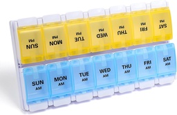 Sukuos AM PM Organizador semanal de comprimidos 7 dias, 2 vezes um dia de remédio caixa de pílulas com botão de pressão fácil, BPA casos de vitaminas grátis para óleo de peixe / suplementos, fácil de limpar (amarelo & azul)