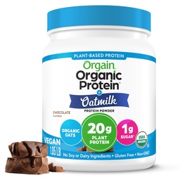 Orgain Organic Vegan Protein Powder + Leite de Aveia, Chocolate - 20g Proteína Baseada em Planta, Glúten Livre, Sem Lactação, Soja ou Lactose Ingredientes, Baixo Açúcar, Não-GMO, Kosher, Para Shakes & Smoothies - 1,05lb