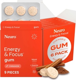 NeuroGum Energia e Gum Foco (54 Count-6 Pack, Cinnamon) 40mg Cafeína Natural + L-Teanina + Vitamina B12 & B6 + Xylitol