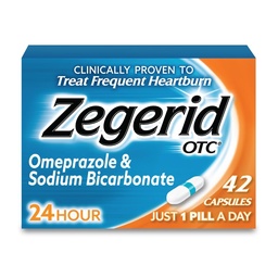 Zegerid OTC, 24 horas de alívio da azia, remédio de refluxo ácido e antiácido, trata azia freqüente, omeprazol 20mg + bicarbonato de sódio, inibidor da bomba de prótons (PPI), 42 cápsulas