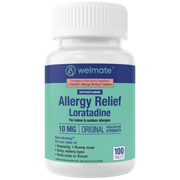 WELMATE - Alergia Alívio - Loratadine 10 mg - 24 horas de alívio anti-histamínico - Non Drowsy - Runny Nariz - Espirros - Comichão & Garganta - Olhos Aguados - Medicação de Alergia Interior & Exterior - 100 Conde