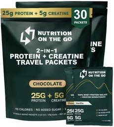 Nutrição na Go Whey Protein Isolate Packets com Creatina – 25g Protein + 5g Creatina – Pó de proteína de viagem de um serviço - Variety Pack (Vanilla & Chocolate) (30-Pack)