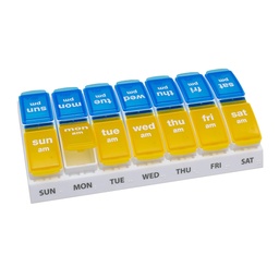 EZY DOSE Organizador semanal de comprimidos AM/PM, caixa de vitaminas e medicamentos de 7 dias com grandes compartimentos de pop-out, 2 vezes por dia titular de pílulas para fácil dosagem, amarelo e azul Lids, Travel-Friendly Design