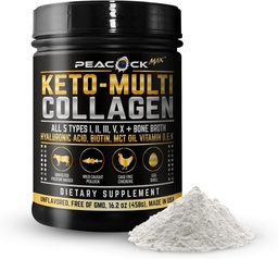Keto Multi Colágeno Peptídeos 16.2 oz - Pó de proteína de caldo ósseo, com 5 tipos de Colágeno Hidrolisado, MCT Óleo e Biotina para a pele, articulações, cabelos e unhas, pó de colágeno não aromatizado