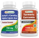 Melhores naturais Acetilo L-Carnitina e Ácido Alfa Lipóico 750 mg & Curcumina Turmérica 1500mg/Servir com Bioperina