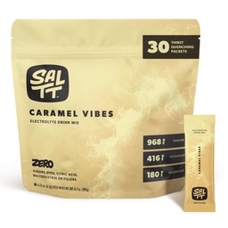 Eletrólitos de SALTT Mistura de bebida aromatizada em pó - Vibros Caramel - 30 Pacotes de Hidratação - Magnésio, Potássio, Sódio, Minerais Trace - Zero Açúcar e Glúten Grátis - Essenciais de viagem