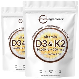 2 Embalagem Vitamina D3 10000 iu Plus K2 (MK-7) 200 mcg, 300 Virgin Coconut Oil Softgels 2 em 1 Complexo de Vitaminas D & K Suporta Absorção de Cálcio, Osso, Imune, & Saúde do Coração – Fácil de Engolir