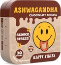 Happy Strips Organic Ashwagandha KSM 66 & GABA para alívio de estresse, Calma, Dormir - Agição rápida e rápida-Solução, Chocolate Mocha Flavored, Orgânico, Vegan, Livre de Açúcar - 30 Contagem