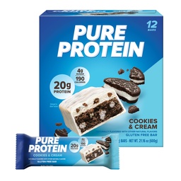 Barras de proteína pura, alta proteína, lanches nutritivos para apoiar a energia, baixo açúcar, sem glúten, biscoitos e creme, 1,76 oz, 12 Pack