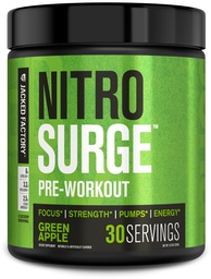 Jacked Factory NITROSURGE Pre Treino Suplemento - Energia sem fim, Ganhos de Força Instantânea, Foco Limpo, Bombas Intensas - NO Booster & Powerful Pré-treino Energia Pó - 30 Servings, Green Apple