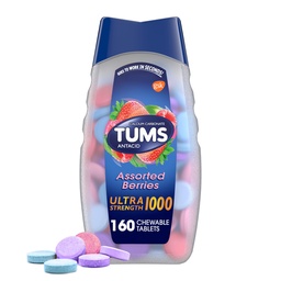 TUMS Comprimidos antiácidos mastigáveis de força ultra para alívio da azia e alívio da indigestão ácida, Bagas variadas - 160 contagem