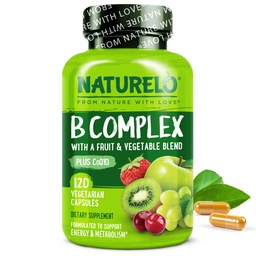 NATURELO Complexo de vitamina B,120 Cápsulas, Vegan, CoQ10, Folato de metilo, Biotina, Fruta & Veg Mistura, Suporta energia e saudável resposta ao estresse, Super B vitaminas complexas para mulheres e homens