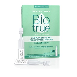 Biotrue Hydration Boost, Preservative-free colírio gotas para olhos secos, Hidrata instantaneamente, Reidrata, Contato Lente amigável, Refresca & Alivia a irritação ocular, 30 frascos de uso único (Pacote de 1)
