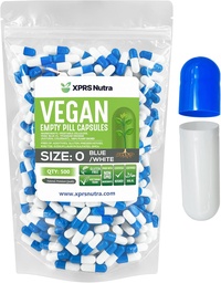 XPRS Nutra Tamanho 0 Cápsulas Vazias - 500 Contagem Cápsulas Veganas Vazias - Comprimidos Vegetarianos - Enchimento de Cápsulas Vegetais DIY - Cápsulas Veggie Pill Caps para Suplementos Do-It-Yourself (azul/branco)