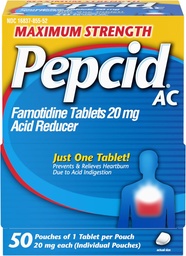 Pepcid AC máxima força alívio da azia comprimidos, OTC medicina previne e alivia azia e refluxo ácido devido à indigestão ácida, 20mg Famotidina redutor de ácido, de ação rápida, 1 x 50 ct