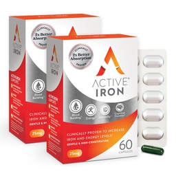 Suplemento de ferro ativo 25mg – clinicamente comprovado para aumentar os níveis de ferro e energia – suave, não constipante, altamente absorvido – 120 cápsulas