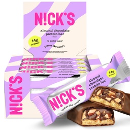 Nick's Protein Bares Chocolate (Alta proteína ) Baixas calorias (Baixas de carboidratos Keto Friendly Snacks Sem açúcar adicionado (Multipack 12 barras x 50g) (12 Count (Pack of 1), Chocolate de Amêndoa)