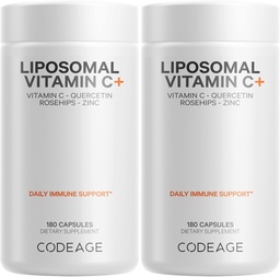 Codeage Vitamina lipossomal C 1500mg com zinco, Amora, Citrus Bioflavonoides Toranja, Limão, Laranja em pó, Quercetin & Rose HIPS Fruit – Vegan Supplement - Não-GMO, Vegan Pills - 2 Pack