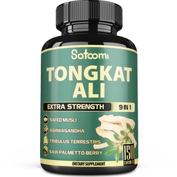 Satoomi 9in1 Tongkat Ali Root Extract 200:1 - Ashwagandha, Tribulus Terrestris - 150 Cápsulas para 5 Meses - Força de Suporte, Energia e Imune Saudável