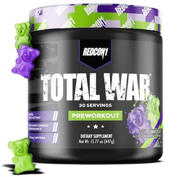 REDCON1 Total Guerra Pré-treino, Gummy urso azedo - Atuando rápido pré-treino cafeinado para homens + mulheres com Beta Alanine - contém malato citrulina para aumento da bomba, fluxo de sangue (30 Servões)