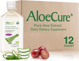 AloeCure USDA Organic Aloe Vera Juice Grape Flavor, Made Within 12 Hours of Harvest - Pure Aloe Vera Digestive & Imune Health Supplement, Helps Mantain Balanced Stomach Acidez, 16.7 onças x 12 Btls