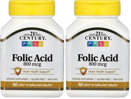 Comprimidos de ácido fólico do século XXI 800 mcg, variados, com uma contagem de 180 (Pacote de 2)