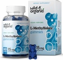 L-Metilfolato selvagem e orgânico 15mg Gummies - Suporte de humor e cérebro - Folate 5-MTHF Suplemento para Cérebro, Foco, Claridade - Suplemento de folato w/Vitamina B9-60 Não-GMO L Metilfolato Gummies