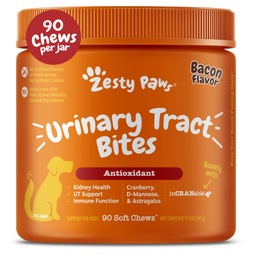 Zesty Paws Cranberry Supplement for Dogs - Controle de bexiga para cães - Suporte de trato urinário - Chews Cranberry com D-Mannose, Vitamina B6 & L-Arginina - Immune & Gut Support - Bacon - 90 Contagem
