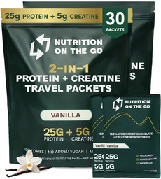 Nutrição na Go Whey Protein Isolate Packets com Creatina – 25g Protein + 5g Creatina – Pó de proteína de viagem de serviço único – Vanilla (30-Pack)
