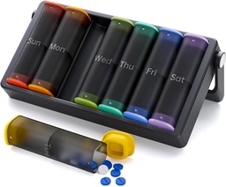 Organizador de comprimidos por semana 2 vezes por dia, KOVIUU grande caixa de pílulas de viagem 7 dias, Am Pm duas vezes diária caso de pílulas com alça rotatável, suporte de pílulas recipiente para vitamina, medicina, Suplemento, Translúcido-preto