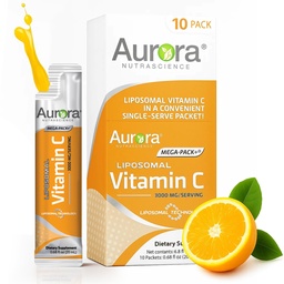 Aurora Nutrascience Mega-Pack Lipossoma Vitamina C, Suporte imunológico, 3.000 mg por serviço, Vegan, Sem glúten, Não-GMO, 10 Pacotes de serviço único, Laranja