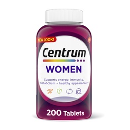 Comprimido Multivitamínico Centrum para Mulheres, Suplemento Multivitamínico com Ferro, Vitamina D3, B Vitaminas e Vitaminas Antioxidantes C e E, Sem Glúten, Ingredientes Não-GMO - 200