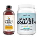 Pó de colágeno marinho + Vitamina C - Pele perfeita de dentro Combo. Peptídeos de Bacalhau de Captura Selvagem, Lipossômico VIT C líquido 1000mg. Aumentar a produção e síntese para o envelhecimento saudável, beleza, bem-estar.