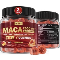 2 Pacote de açúcar grátis Maca Gummies 2000mg com Ashwagandha, Tribulus Terrestris, Rhodiola, Panax Ginseng, L Arginine & L Tyrosine - Orgânica Black Red Yellow Maca Root para Mulheres Homens Suporte Energia