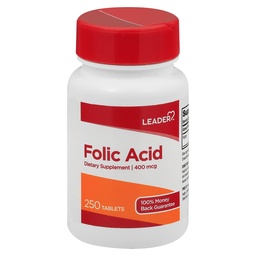 Ácido Fólico Líder 400MCG Comprimidos 250 Ct. Essencial para Crescimento e Desenvolvimento Celular
