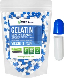 XPRS Nutra Tamanho 1 Cápsulas vazias - 500 Count Cápsulas de Gelatina Vazias - Pill DIY Cápsula de preenchimento - Pure Bovine Pill Gel Caps para Suplementos Do-It-Yourself (azul/branco)
