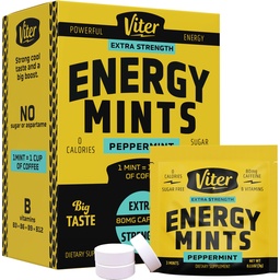 Viter Energy Caffeine Mints 80mg Força Extra - 90 Peças Cafeinadas com vitaminas B. Açúcar livre Vegan Breath Mint. Energizar Nootropic Focus Booster para alerta rápido (Peppermint Flavor, 30 Pack)