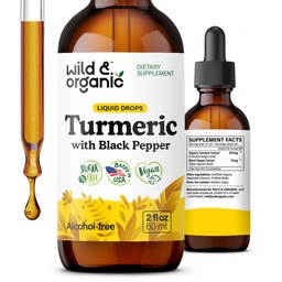 Wild & Orgânico Suplemento Acúrmico Líquido - Apoio Conjunto - Curcumina Turmérica com Extrato de Pimenta Negra - Curcumina Raízes Drops - Vegan, Açúcar & Tintura sem Álcool - 2 fl oz
